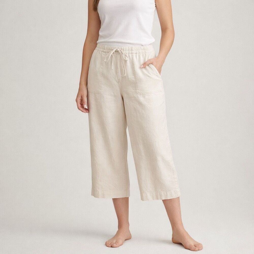 Old Navy Linen Capri Pants Womens 12 Beige Drawstring Casual